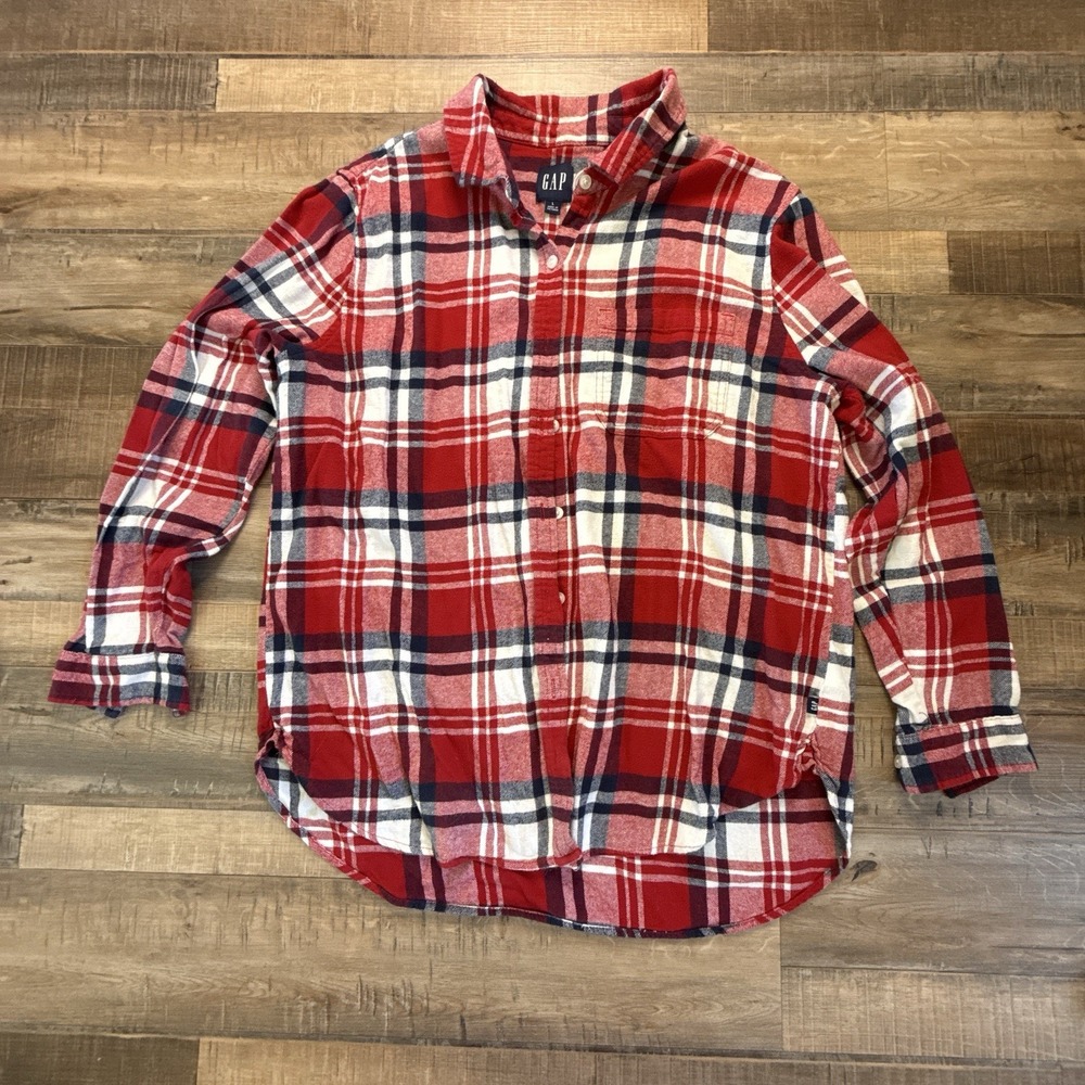 Gap Womens Red White Blue Plaid Boyfriend Flannel Button Up Shirt Size L